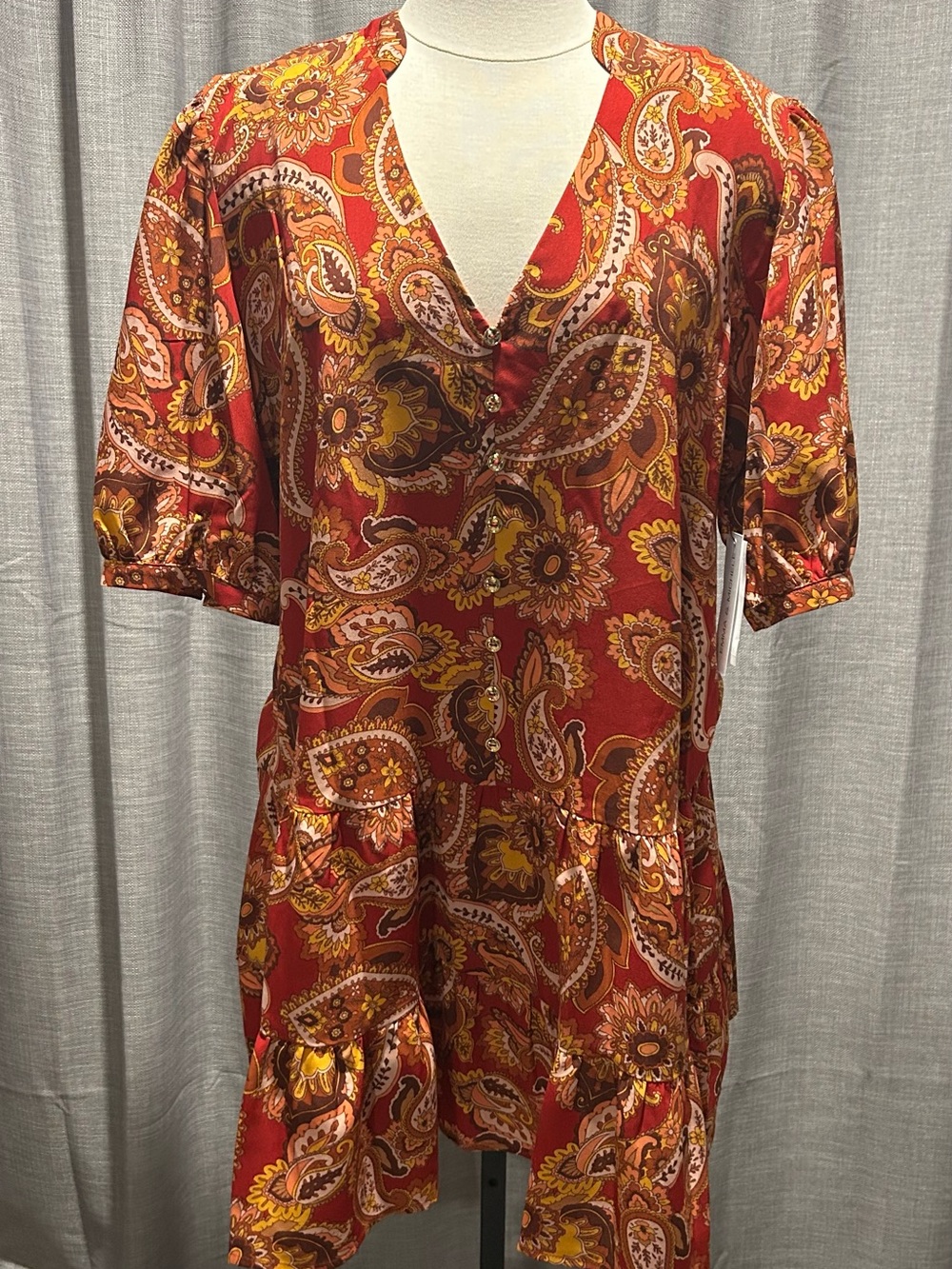 Emma & Michele Red Paisley V-Neck Tiered Mini Dress